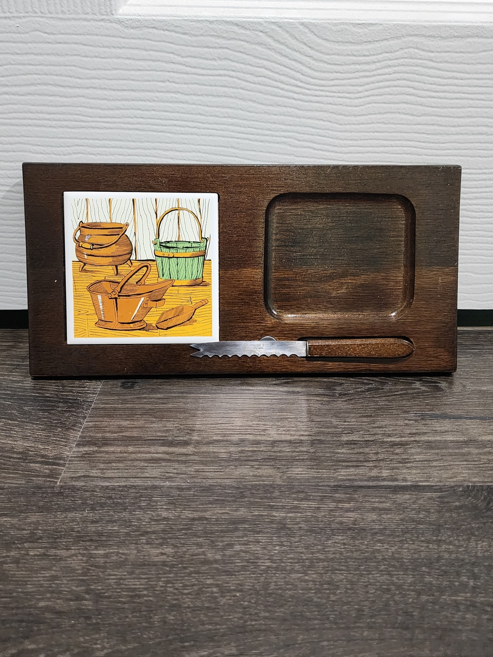 Vintage Wooden & Ceramic 70s Cheese Board / Charcuterie Snack Plate with Knife